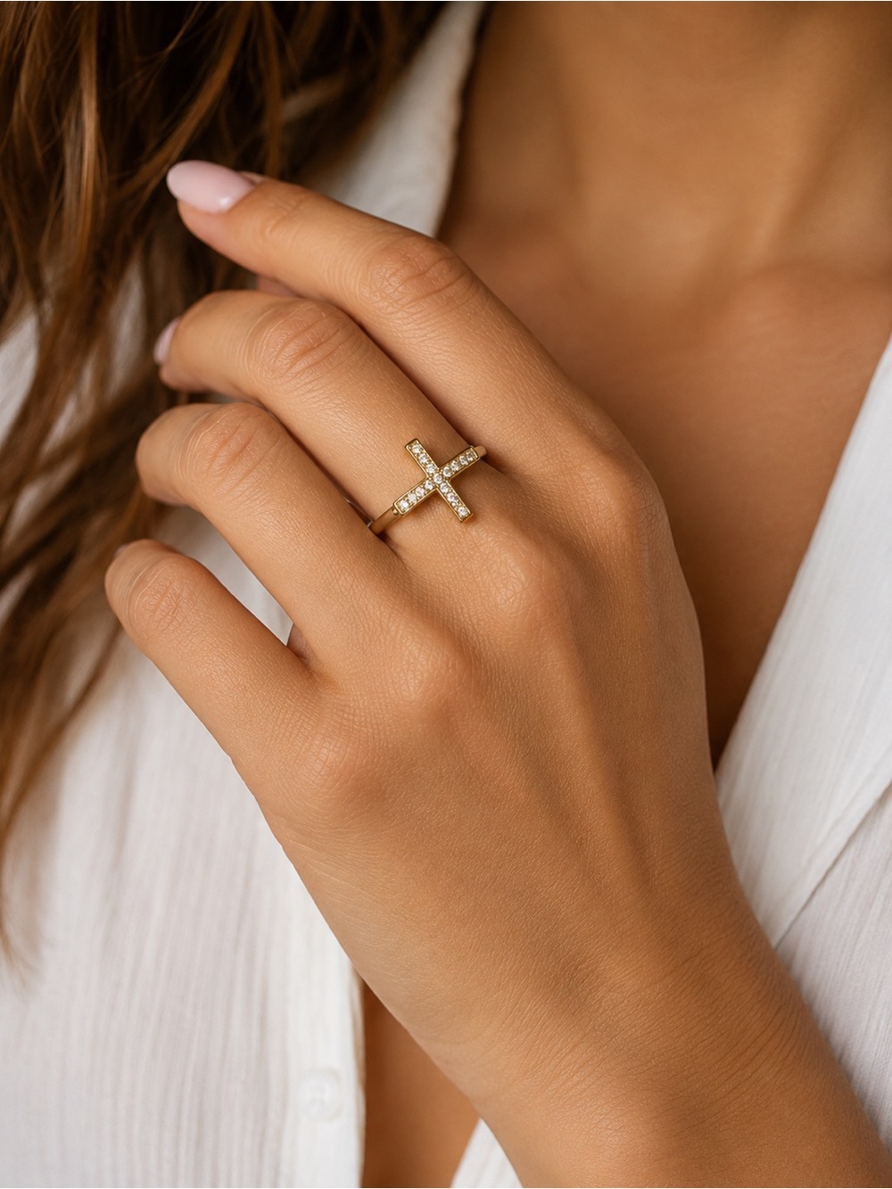 Moissanite 14 kt Gold plated Cross Ring — Women's Delicate Statement Band